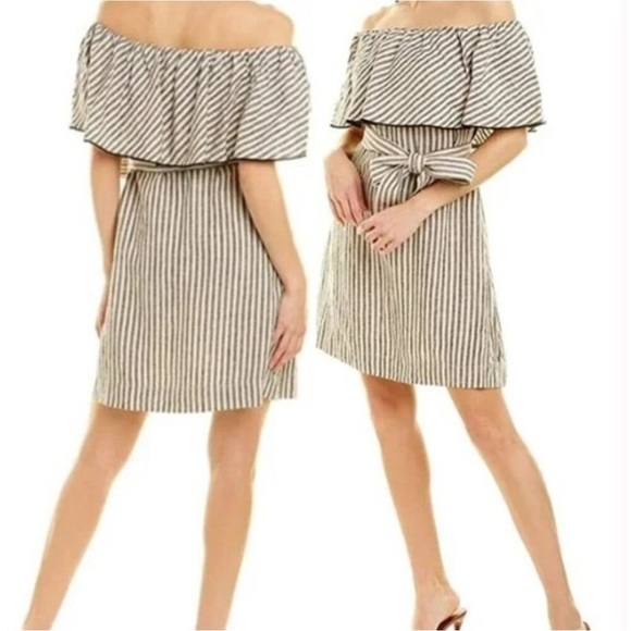 Out of Office Trina Turk Gray/White Striped Ruffle Linen Mini Dress Size Large - Picture 6 of 6